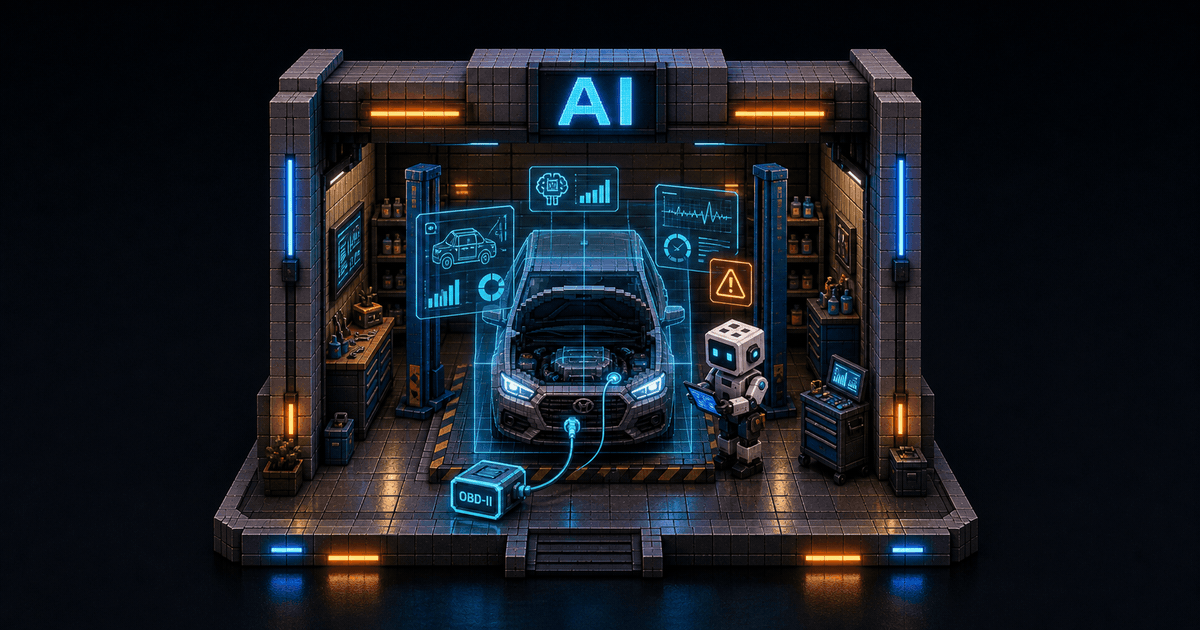 AI-диагностика в автосервисе — изометрическая сцена с автомобилем на диагностике