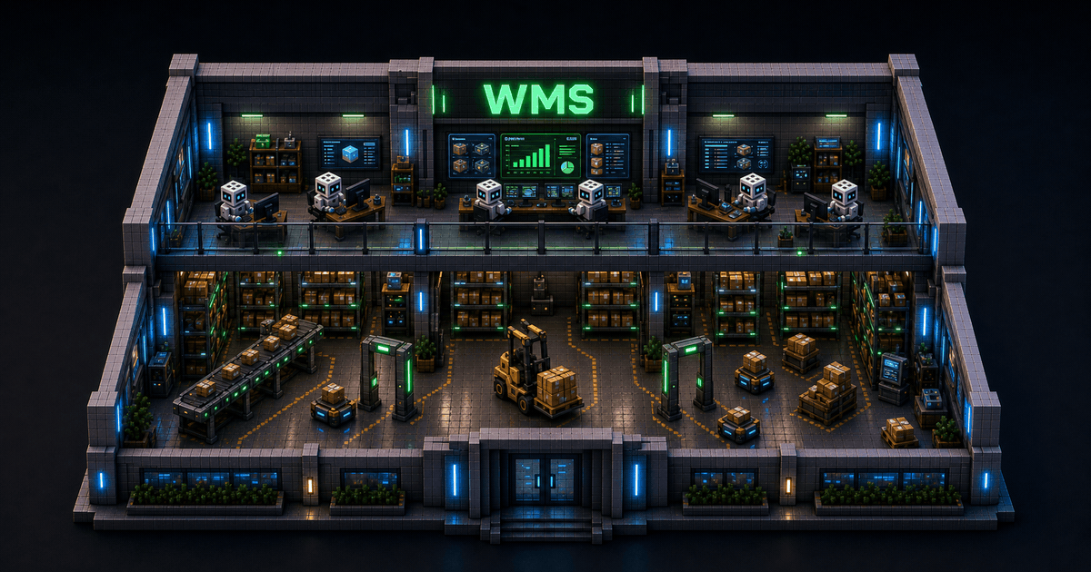 WMS-система на складе — изометрическая сцена склада с роботами-погрузчиками