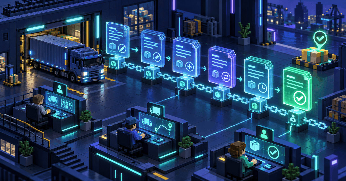 Тёмная cyan voxel-сцена логистического диспетчерского центра: грузовик, электронная накладная, цепочка изменений и подтверждение получателя; концепция.