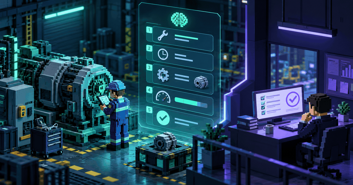 Тёмная cyan voxel-сцена цеха: техник у станка отмечает операции наряда, рядом панели материалов, времени и измерений; концепция, не реальное внедрение.
