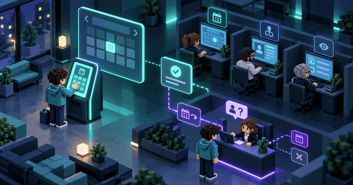 Тёмная cyan voxel-сцена стойки записи: календарь, карточка клиента, уведомление и отдельные роли администратора и специалиста; концепция.